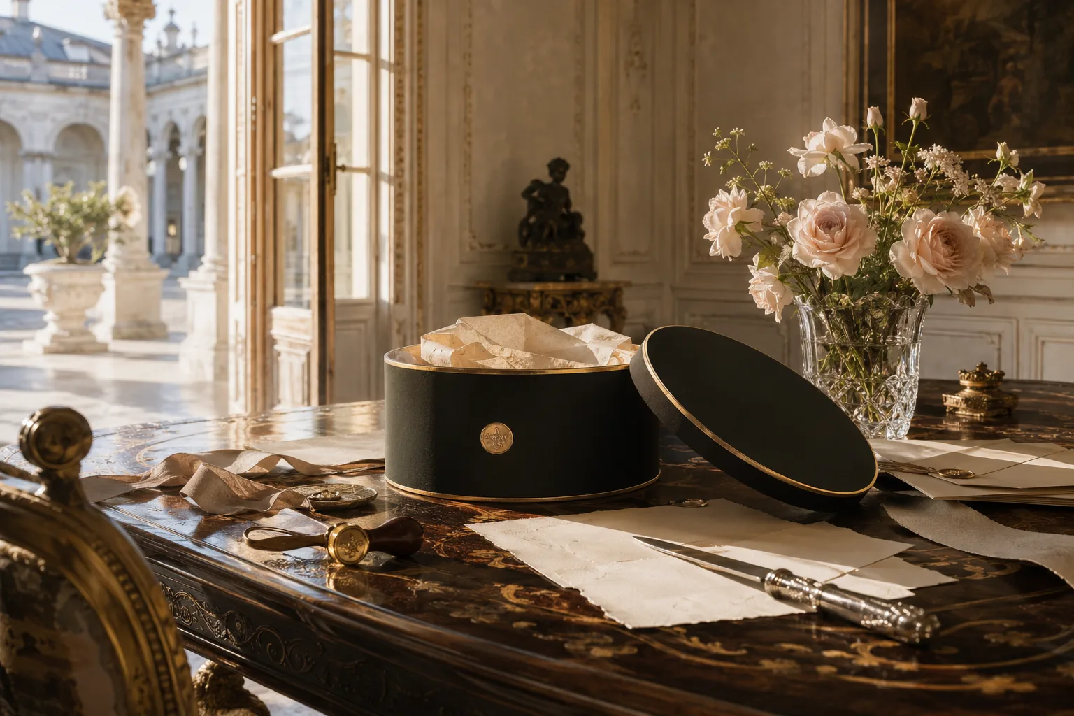 Coffret de maison française posé sur une table dans un intérieur parisien
